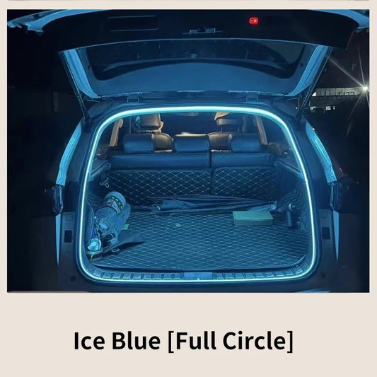 Car Boot with ice blue LED strip lighting on a dark background