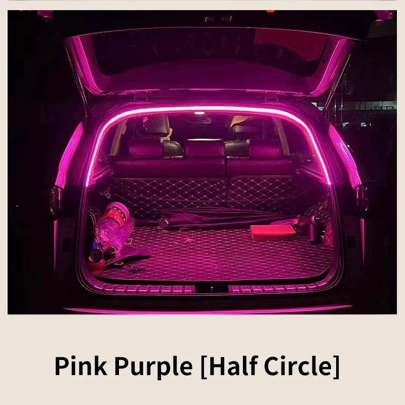Car trunk with pink purple LED strip lighting and 'Pink Purple [Half Circle]' text.