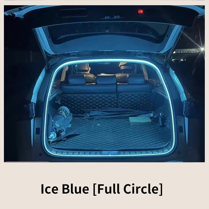 Car Boot with ice blue LED strip lighting on a dark background