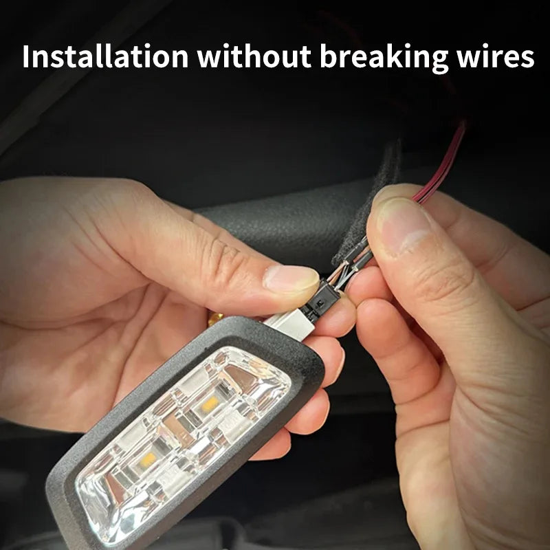 Person installing a LED light bar without breaking wires, with text 'Installation without breaking wires' above.