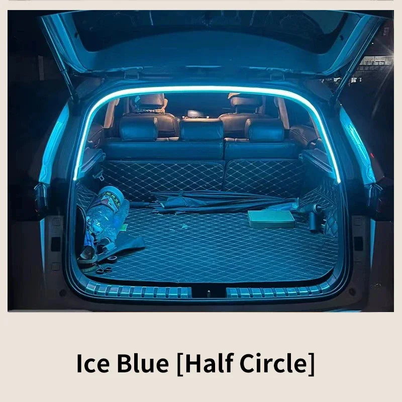 Car trunk with ice blue half-circle LED light strip